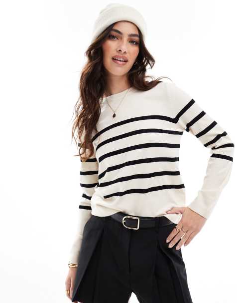Vero Moda crew neck sweater in cream with black stripes - view 1