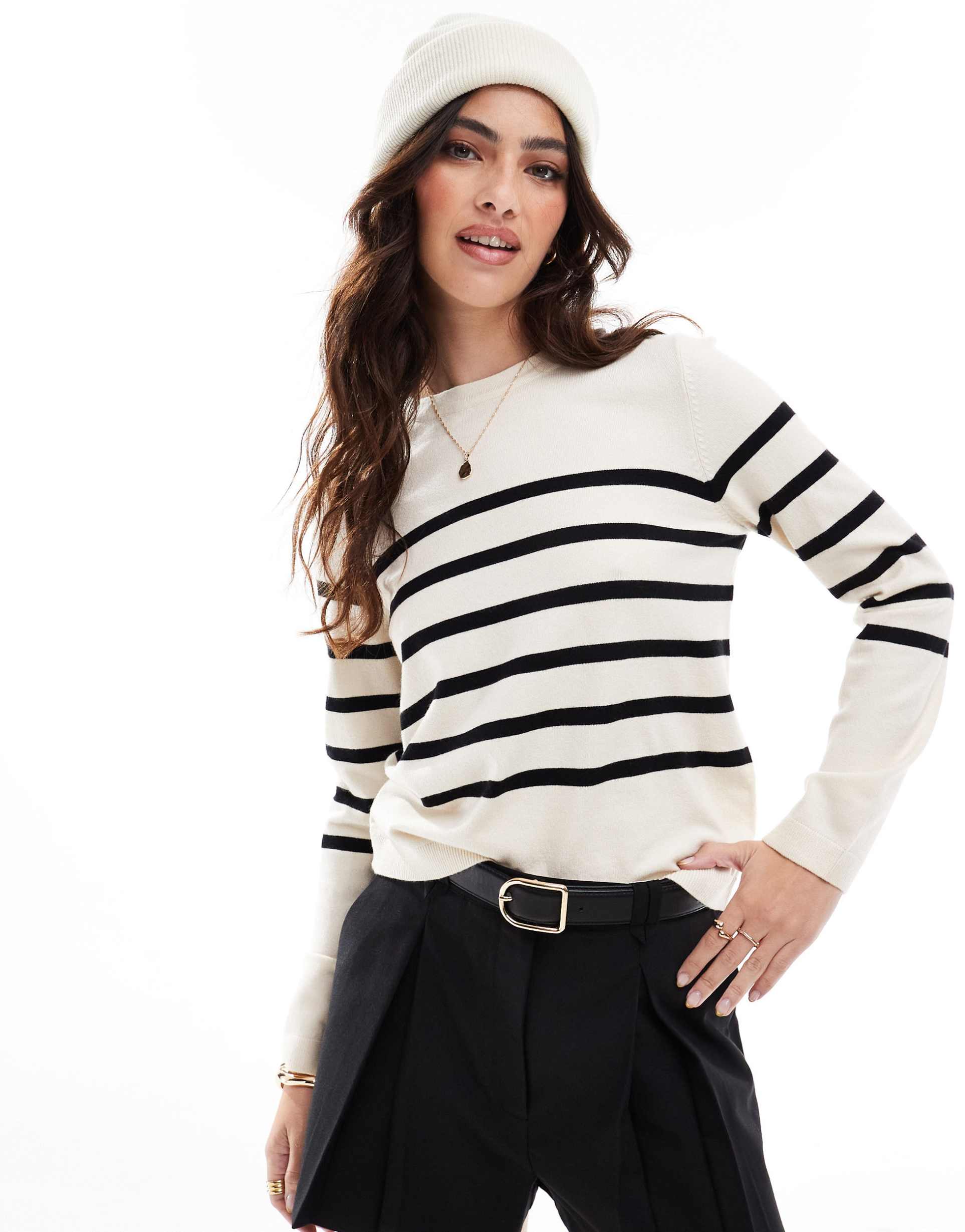 vero moda crew neck sweater in cream with black stripes