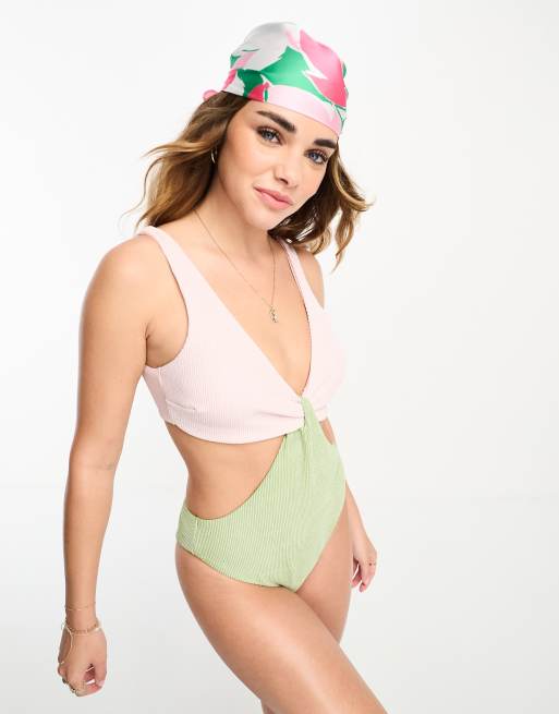 Vero Moda crickle cut out swimsuit in lilac and sage green ASOS