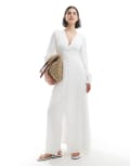 [Vero Moda] Vero Moda crinkle cotton blouson sleeve boho maxi dress in white XS Snow white