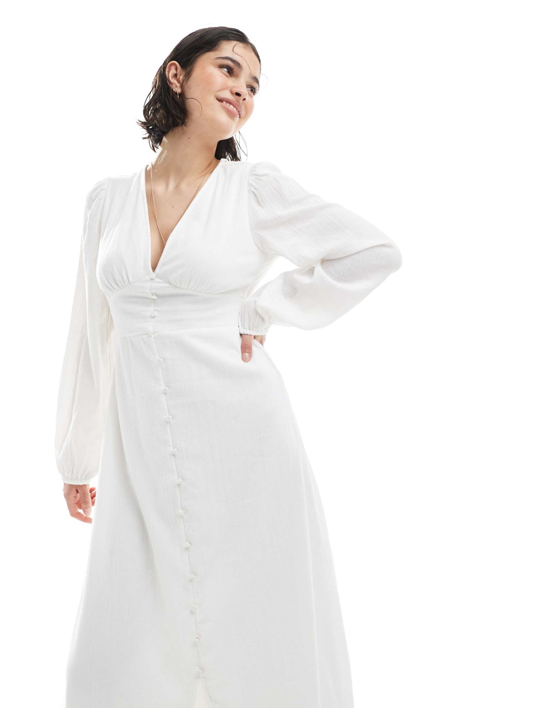 vero moda crinkle cotton blouson sleeve boho maxi dress in white