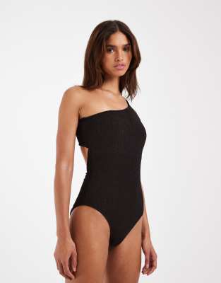 Vero Moda Crinkle One Shoulder One-piece Swimsuit In Brown