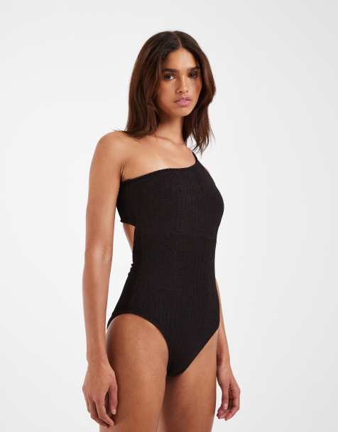 Vero Moda crinkle one-shoulder swimsuit in chocolate - view 1