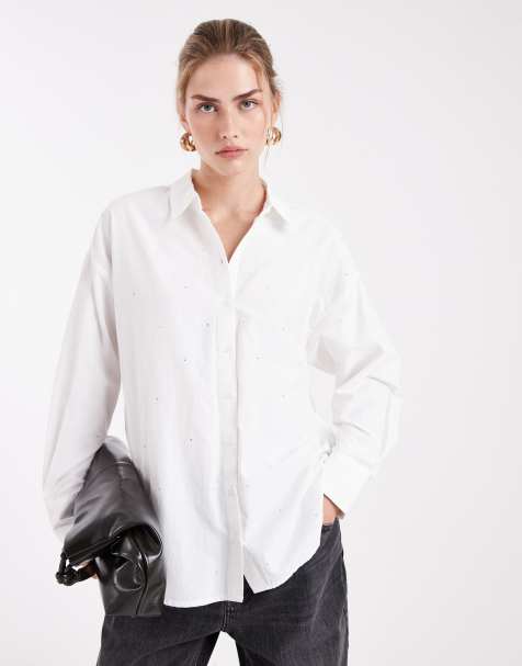 Vero Moda crisp oversized shirt with all over diamante embellishment in white - view 1