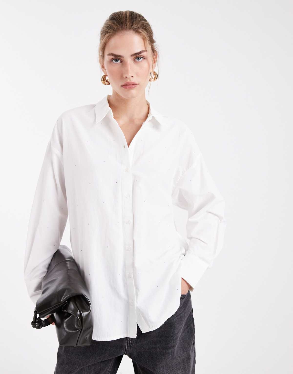 Vero Moda crisp oversized shirt with all over diamante embellishment in white