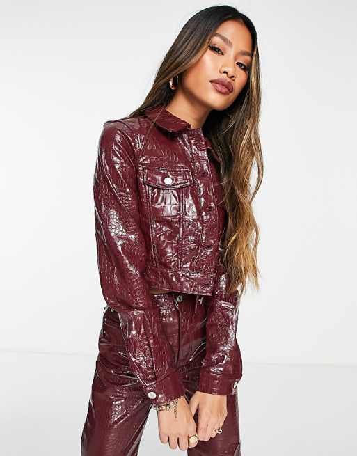 Vero Moda croc leather look cropped jacket in port red Vero Moda croc leather look cropped jacket in port red