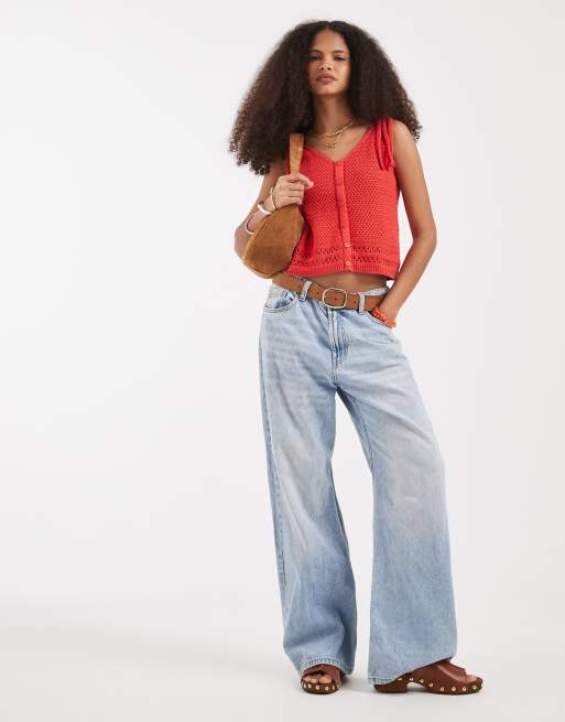 Vero Moda crochet button front cami top with tie strap detail in red, 3 of 4