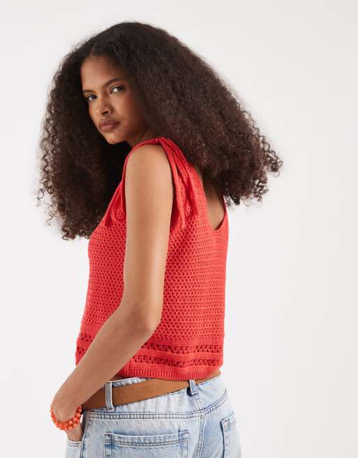 Vero Moda crochet button front cami top with tie strap detail in red, 4 of 4