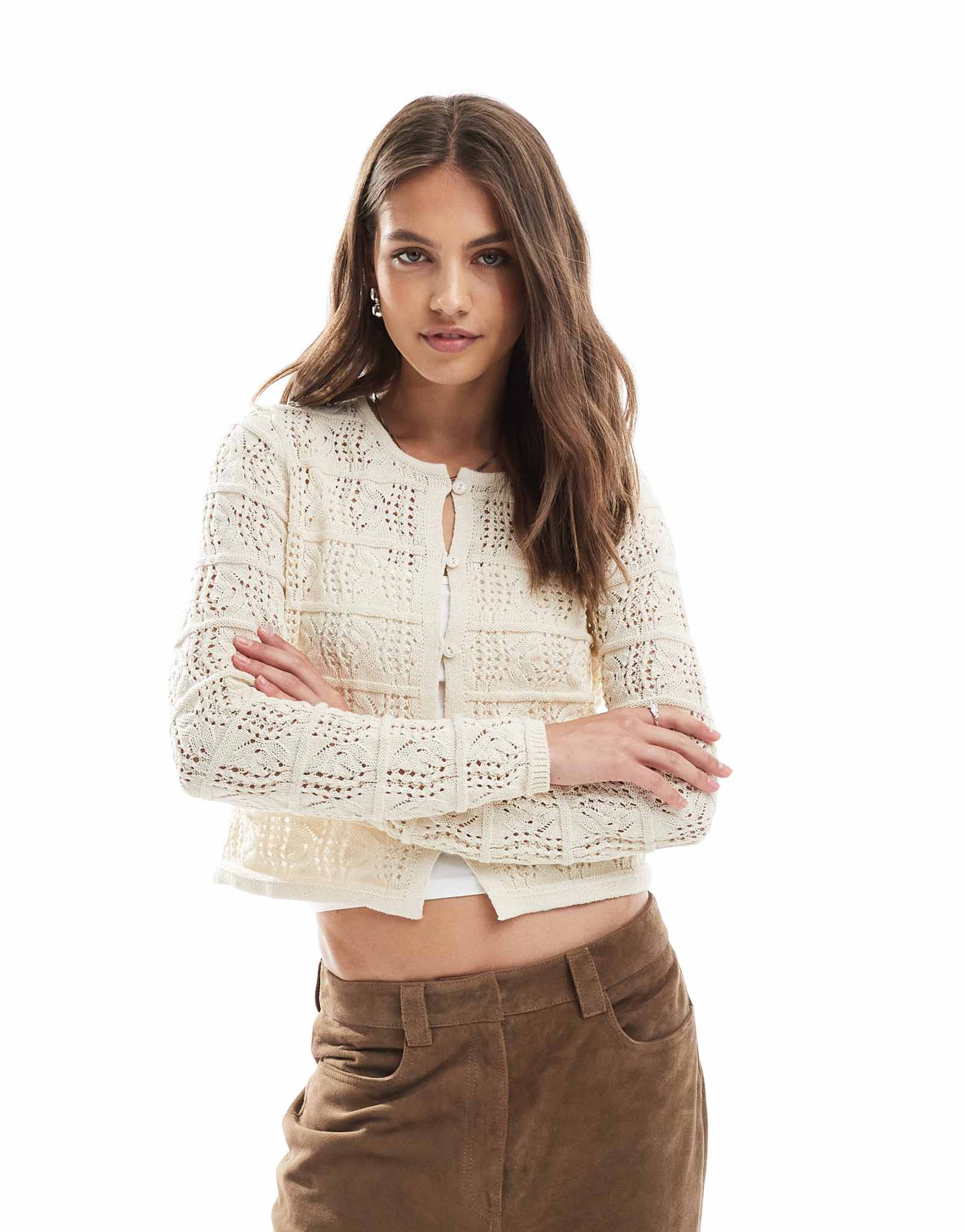 Вязаный крючком кардиган на пуговицах спереди от Vero Moda кремового цвета