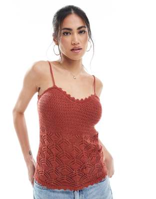 crochet cami top in terracotta - part of a set-Red