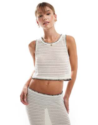 Vero Moda Vero Moda crochet cropped top co-ord with whipstitch detail in cream-White