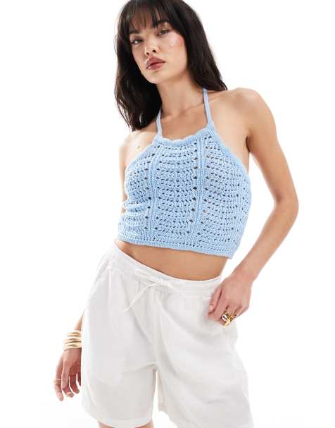 Vero Moda crochet halter top in light blue - view 1