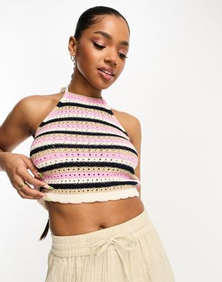 Vero Moda crochet halterneck top in navy and pink stripe