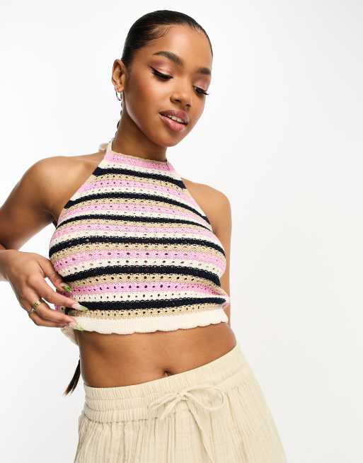 Susteen Verbinding Plantage Vero Moda crochet halterneck top in navy and pink stripe | ASOS