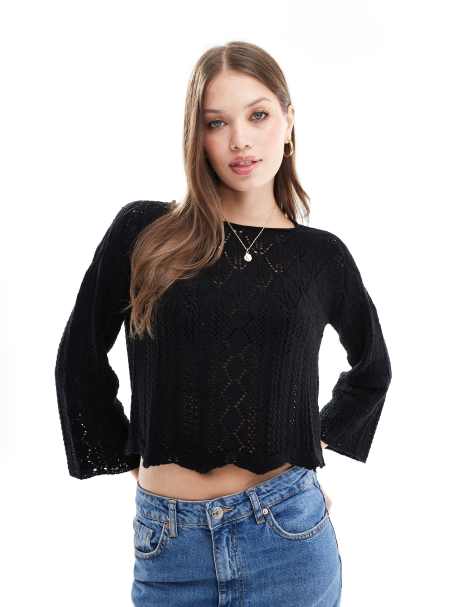 Vero Moda crochet jumper with wide sleeves in black - view 1