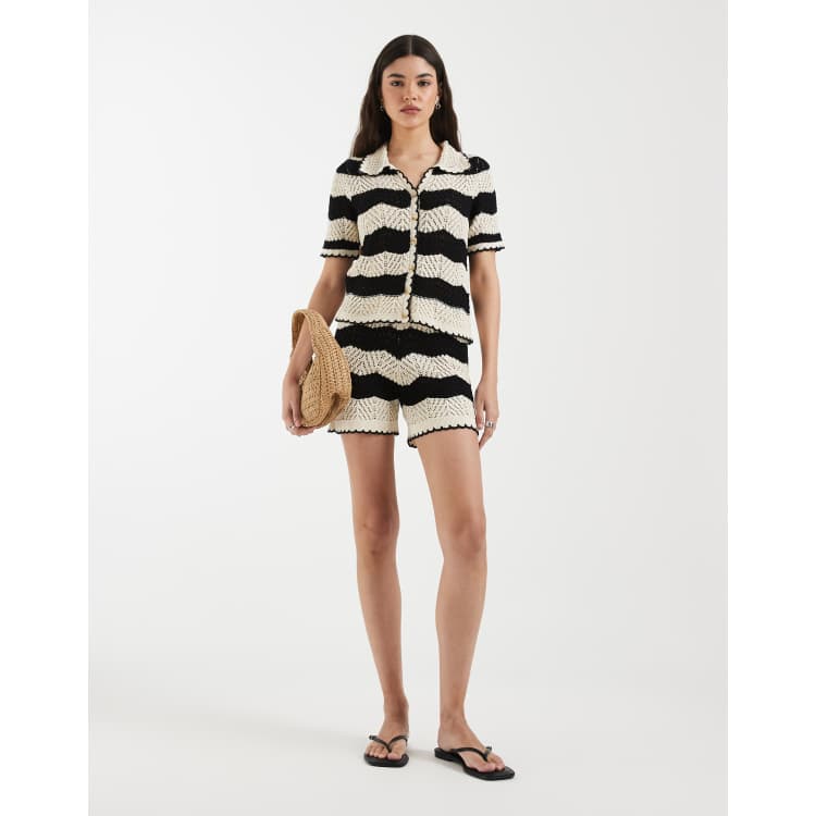 Vero Moda crochet knit button front polo top & shorts co-ord in