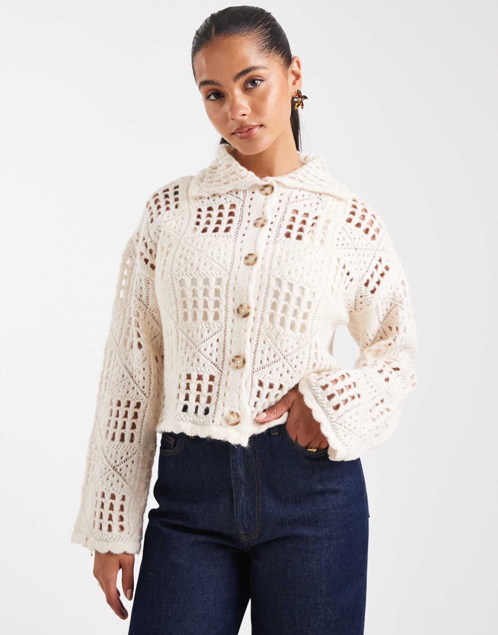 Вязаный кардиган Vero Moda крючком цвета березового крема