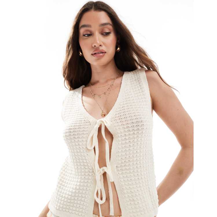Vero Moda crochet knit tie front top in cream | ASOS