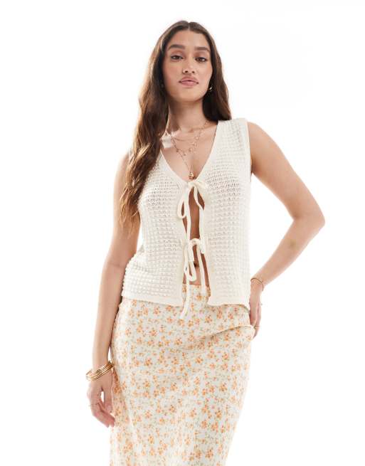 Vero Moda crochet knit tie front top in cream, 4 of 4