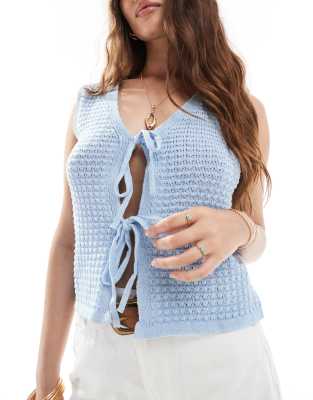 Vero Moda Crochet Knit Tie Front Top In Blue