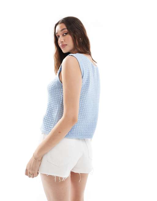 Vero Moda crochet knit tie front top in soft blue, 4 of 4