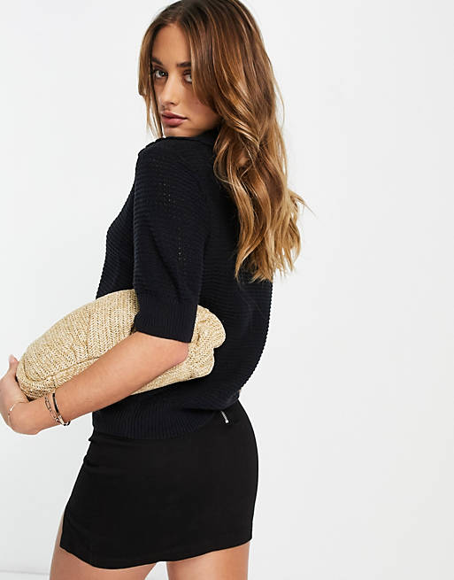  Vero Moda crochet knit top with open collar in black 