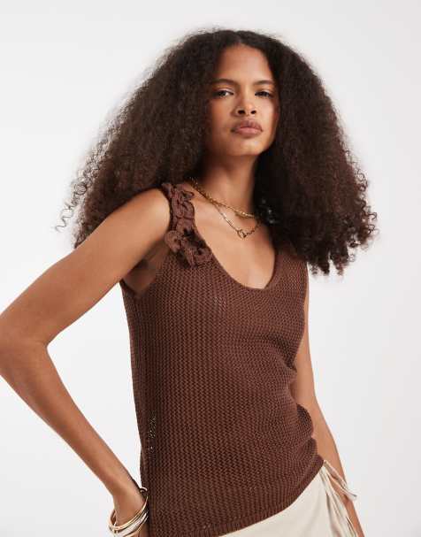 Vero Moda crochet knit vest with applique floral details in brown - view 1