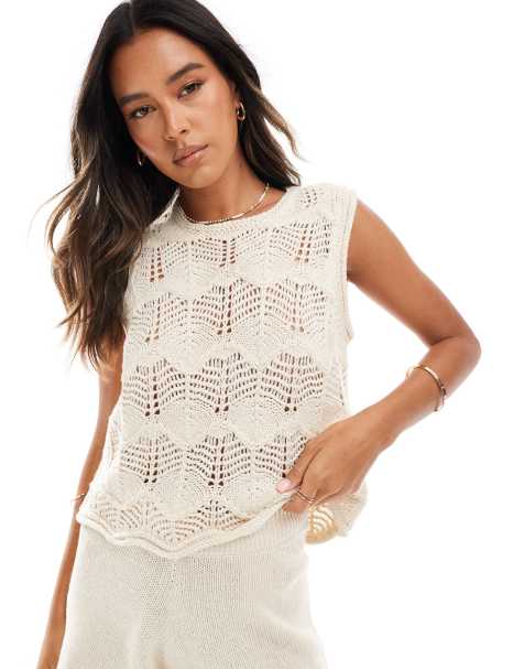 Vero Moda crochet knitted singlet top in cream (part of a set) - view 1