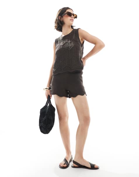 Vero Moda crochet knitted vest top and shorts set in chocolate brown - view 1