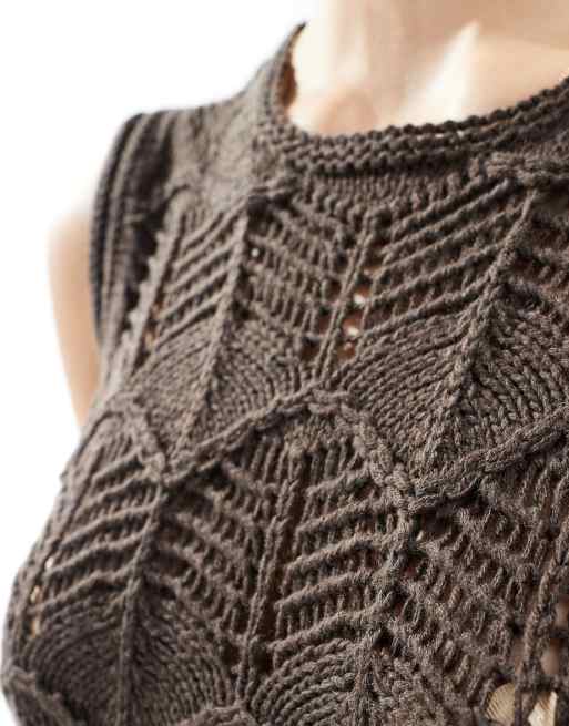 Vero Moda crochet knitted vest top in chocolate brown (part of a set), 3 of 4