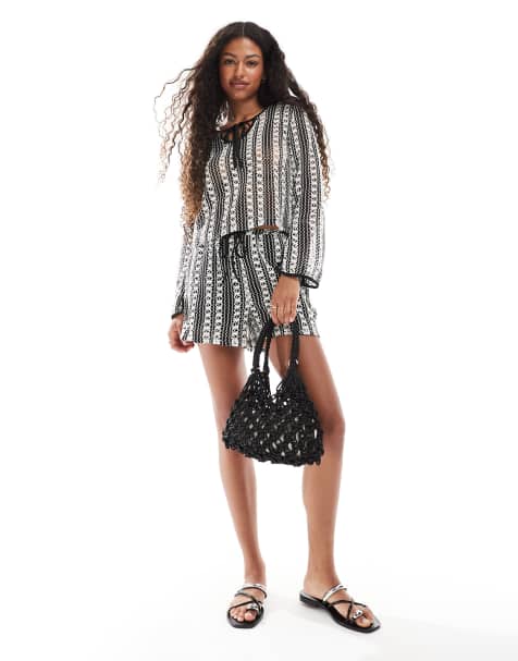 Vero Moda crochet lace shorts co-ord in mono stripe - view 1