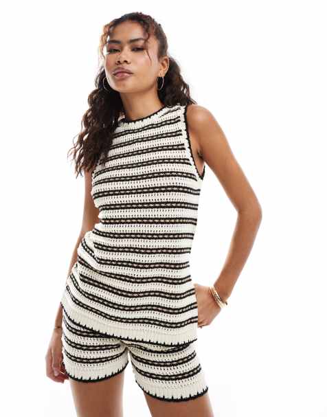 Vero Moda crochet stripe sleeveless longline top co-ord in black and cream