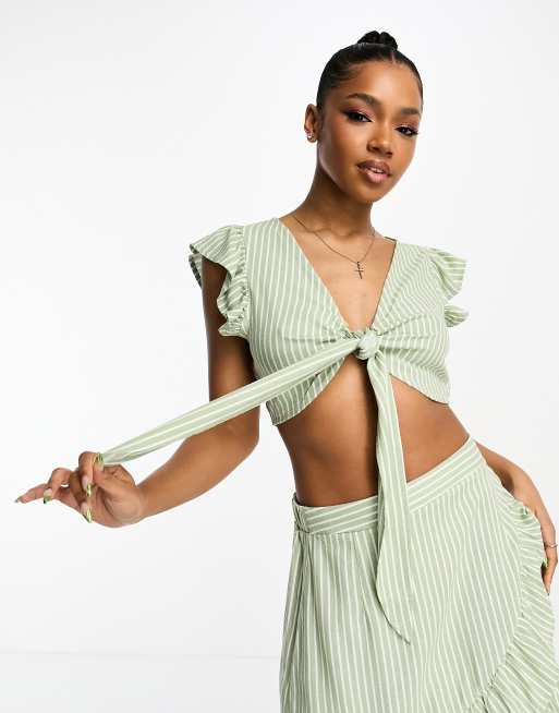 Vero Moda - Crop top van linnen-achtige stof met geknoopte voorkant in groen gestreept, deel van co-ord set