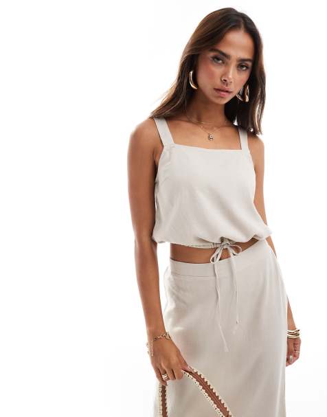 Vero Moda - Crop top van linnenmix in stone, deel van co-ord set - view 1