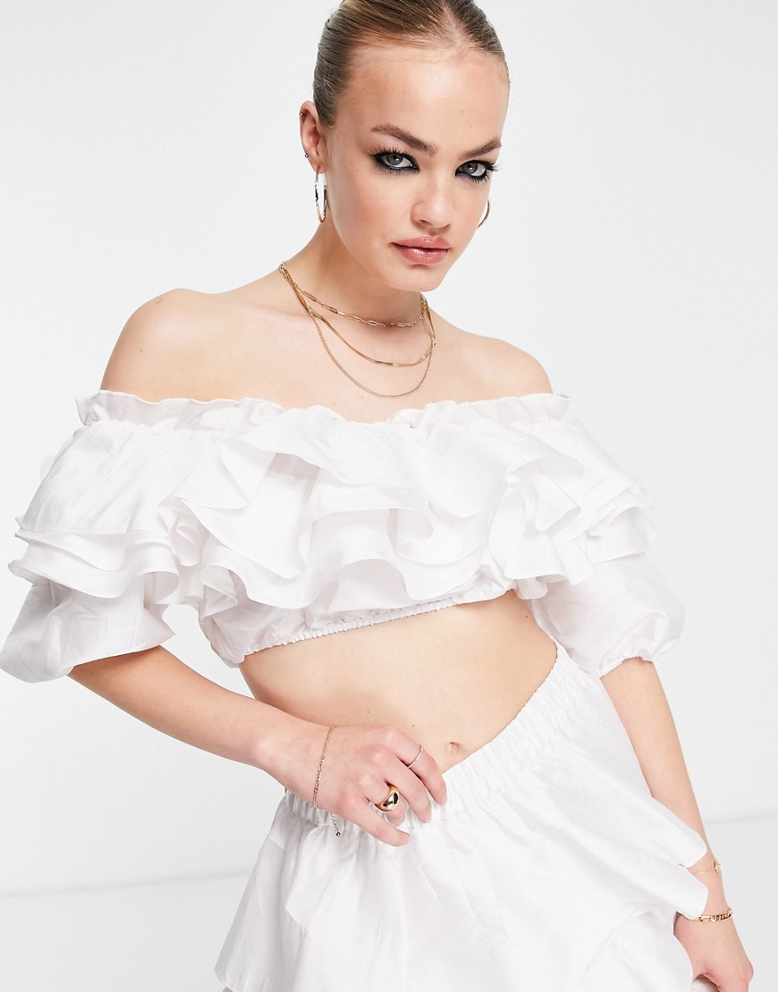 Vero Moda crop top with exaggerated ruffle detail in white - part of a set