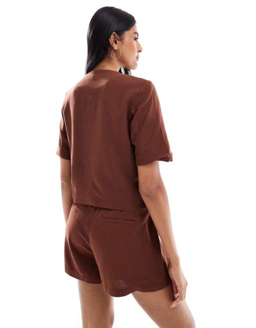 Vero Moda - Cropped blazer van linnenmix met korte mouwen in chocoladebruin, deel van co-ord set, 2 van 4