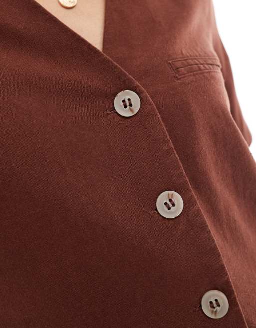 Vero Moda - Cropped blazer van linnenmix met korte mouwen in chocoladebruin, deel van co-ord set, 3 van 4