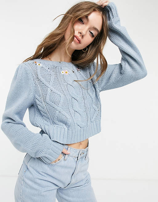 Vero Moda cropped cable knit sweater with floral embroidery in blue