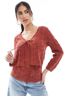 cropped crochet cardigan in terracotta - part of a set-Red