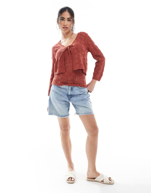 Vero Moda cropped crochet cardigan in terracotta (part of a set), 2 of 4