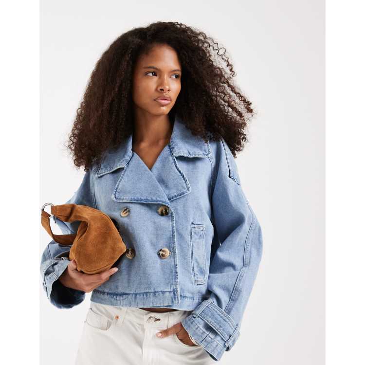 Vero Moda cropped denim trench coat in light blue wash | ASOS