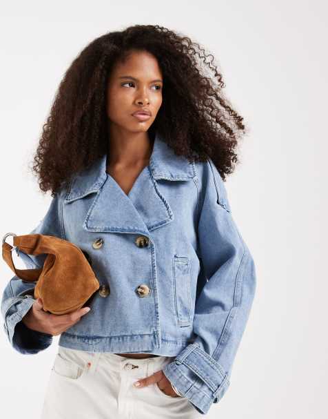 Vero Moda cropped denim trench coat in light blue wash