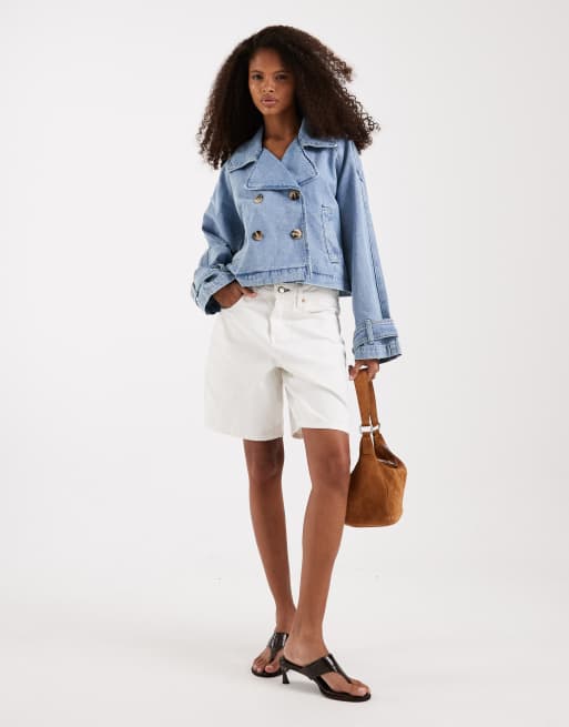 Vero Moda cropped denim trench coat in light blue wash | ASOS