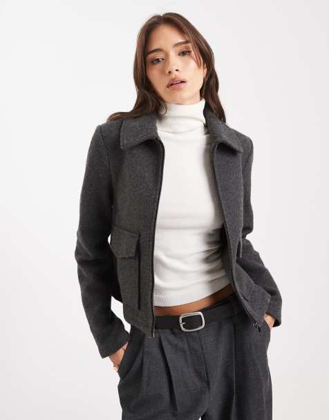Vero Moda cropped felt jacket with pockets in dark grey melange