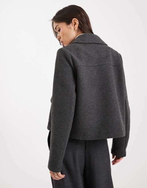 Vero Moda cropped felt jacket with pockets in dark grey melange, 2 of 4