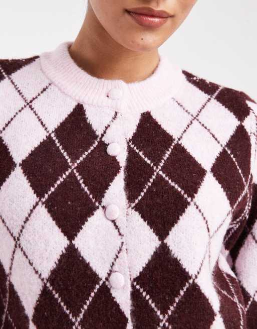 Vero Moda - Cropped gebreid vest met Argyle-patroon in bordeauxrood en roze, 2 van 4