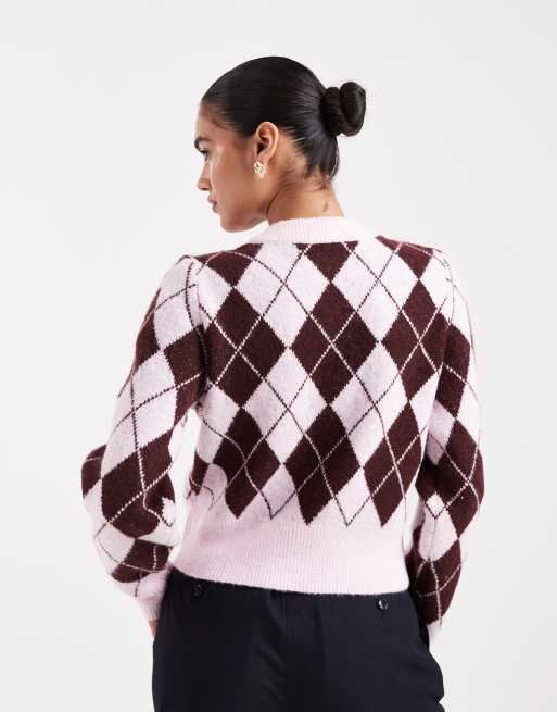 Vero Moda - Cropped gebreid vest met Argyle-patroon in bordeauxrood en roze, 4 van 4