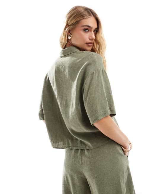 Vero Moda - Cropped kakifarvet skjorte i hørblanding - Del af sæt, 4 af 4