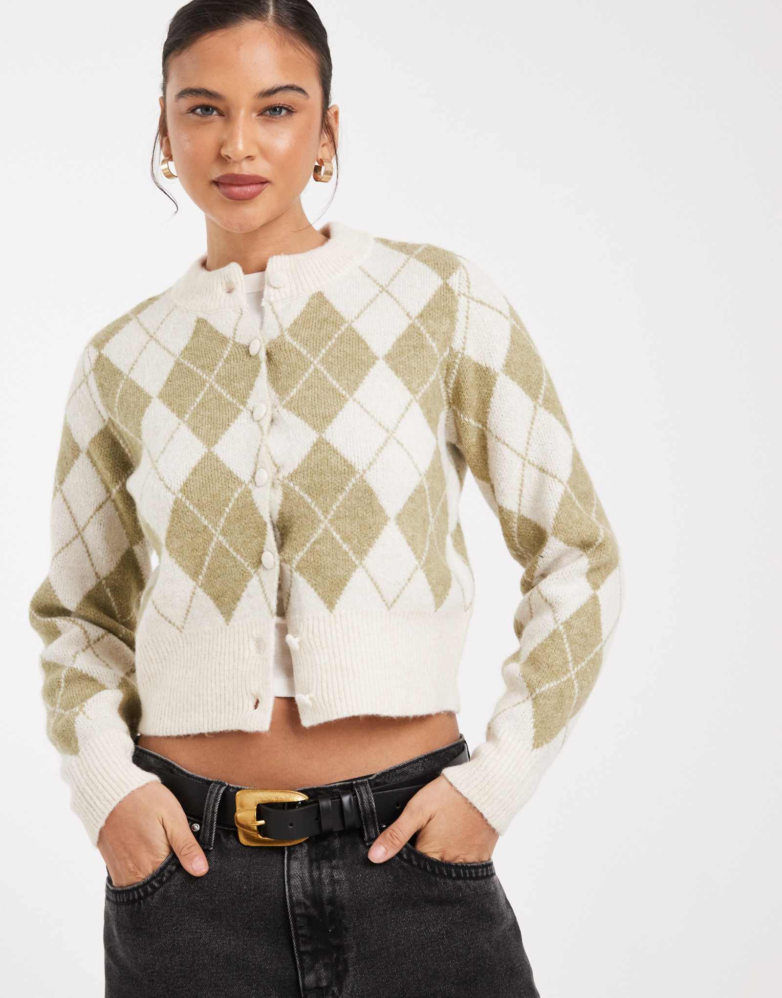 Укороченный вязаный кардиган Vero Moda в клетку цвета хаки и аргайла