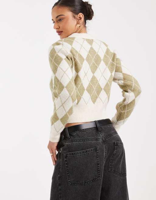 Vero Moda cropped knit cardigan in khaki argyle check print, 3 of 4